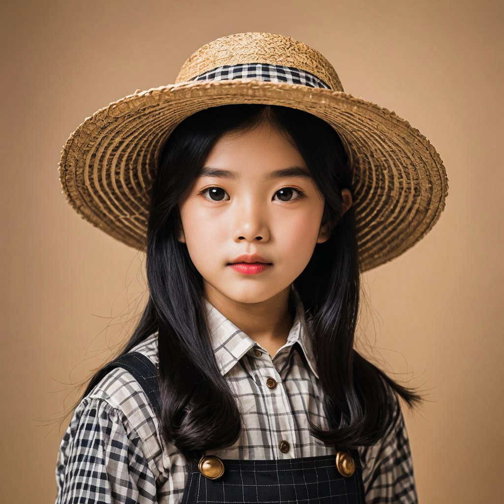 Playful Farmgirl in Elegant Studio Setting