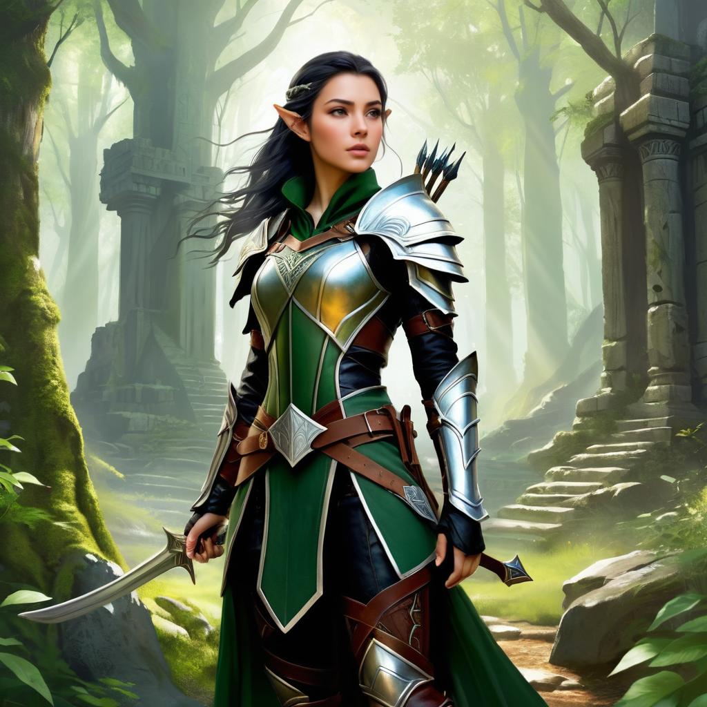 Elven Ranger Amidst Ancient Forest Ruins