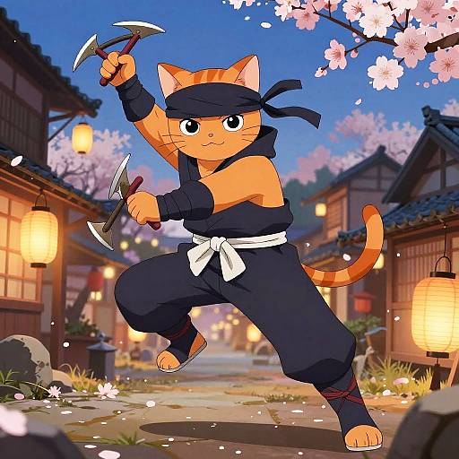 Anime-style digital illustration of an orange tabby cat ninja with black outfit, white sash, headband, holding shurikens, in a