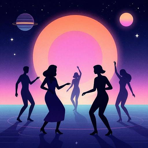 Silhouetted Figures Dancing Under Retro Futuristic Space Sky
