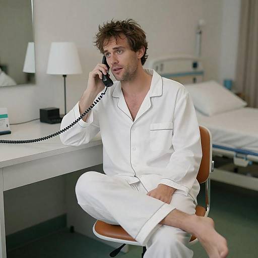 Casual Man in Pajamas on the Phone