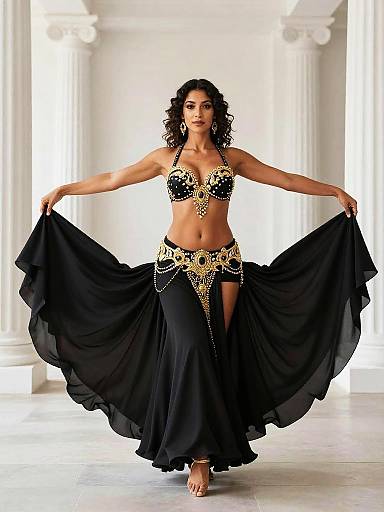 Confident Belly Dancer in Black and Gold Costume