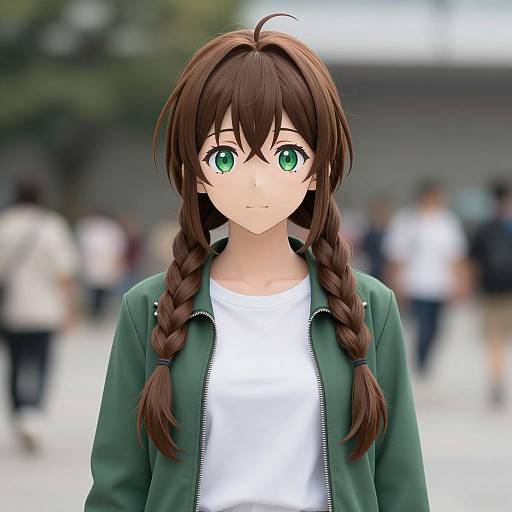 Anime-style digital drawing of a young girl with green eyes, brown braided hair, wearing a green jacket over a white shirt, standing in a blurred