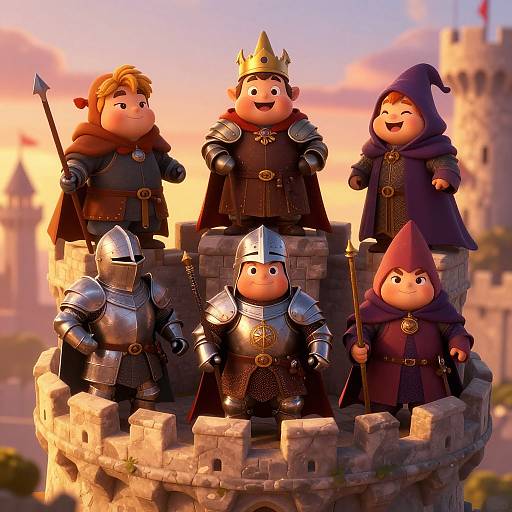 CGI image of five chubby, cartoon knights in medieval armor and robes, standing on a castle turret at sunset.