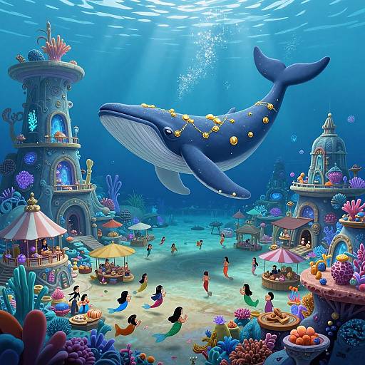 Vibrant underwater scene: A giant blue whale adorned with yellow jewels glides above a colorful coral reef, mermaids and sea creatures gather near orn