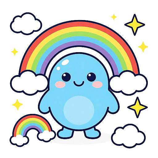 Cute blue chibi character with blush cheeks, standing under a colorful rainbow, surrounded by clouds and yellow stars, digital illustration.