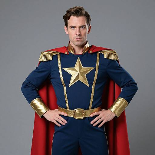 Photograph of a serious, handsome man with short brown hair, wearing a blue superhero costume with gold star, epaulettes, and red cape