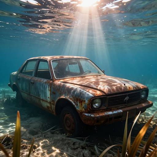 Rusted Car Sunken Underwater with Sunlight Beams