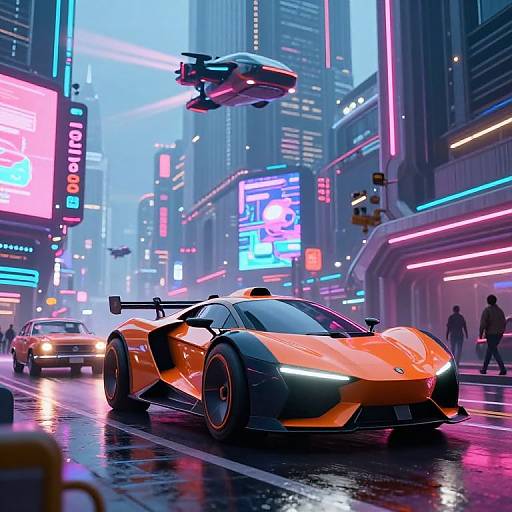 Neon-lit cyberpunk city street with a sleek, orange sports car and hovering drone, surrounded by glowing skyscrapers and illuminated signs.
