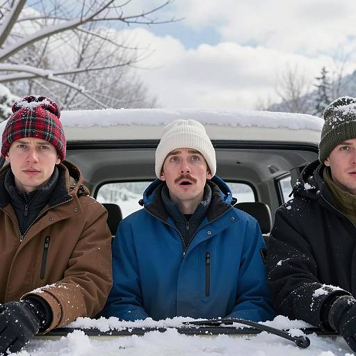 Surprised Trio in Snowy Vehicle Scene