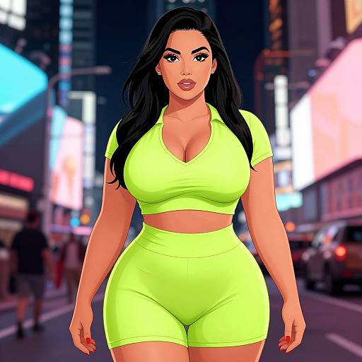 Digital illustration of a curvy woman with long black hair, wearing a neon yellow crop top and shorts, standing on a brightly lit, bustling city street