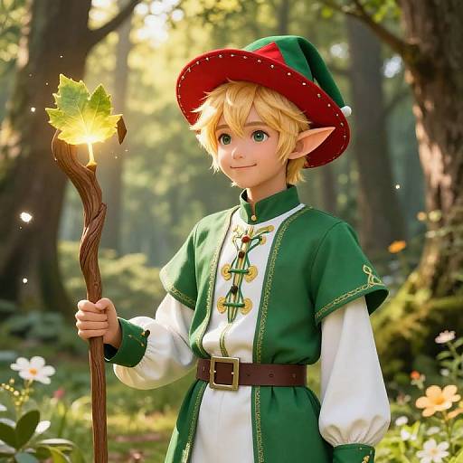 Digital artwork of a blonde, elf-like child with green eyes, wearing a green and white outfit, red hat, holding a glowing wooden staff in a