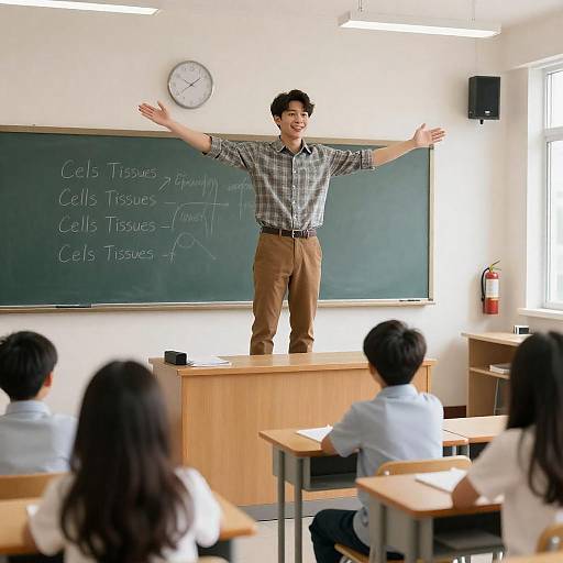 Teacher Standing on Desk in Classroom