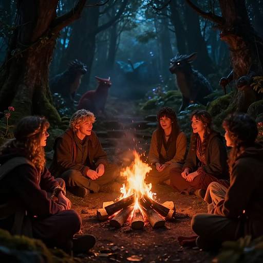 Photograph of five young adults, casually dressed in dark clothing, sitting around a glowing campfire in a dark, mystical forest at night, with shadow