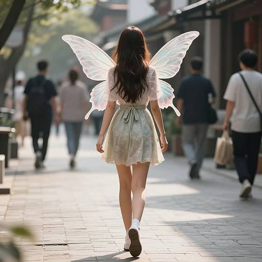 Photograph of a woman with long brown hair, wearing a white blouse and light green skirt, and translucent fairy wings, walking away on a sunlit