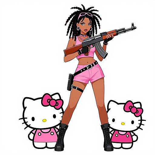 Digital drawing of a dark-skinned woman with dreadlocks, wearing pink crop top and shorts, holding a rifle, flanked by two Hello Kitty characters