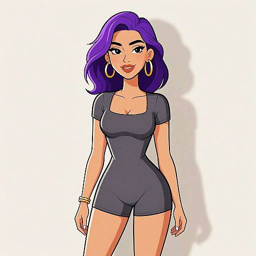 Digital illustration of a confident woman with purple hair, large hoop earrings, and a tight, dark grey, short-sleeve bodysuit.