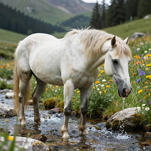 Photograph of a white horse with a light blonde mane standing in a shallow, rocky stream, surrounded by colorful wildflowers and lush green hills.