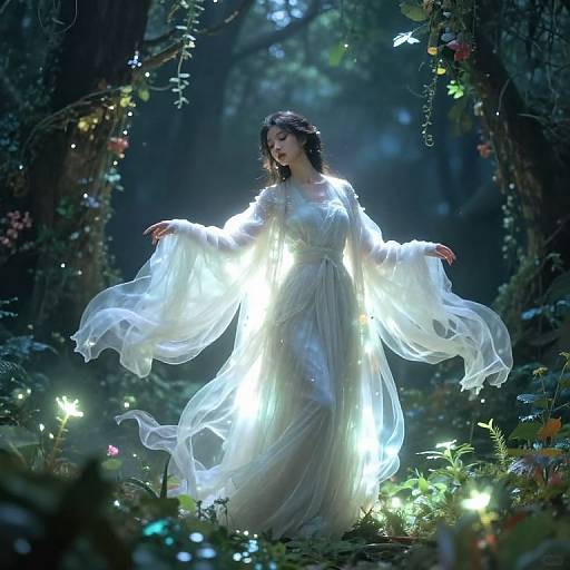 Enchanted forest scene: ethereal woman with glowing white gown, flowing sleeves, dark hair, surrounded by luminescent butterflies, soft moonlight