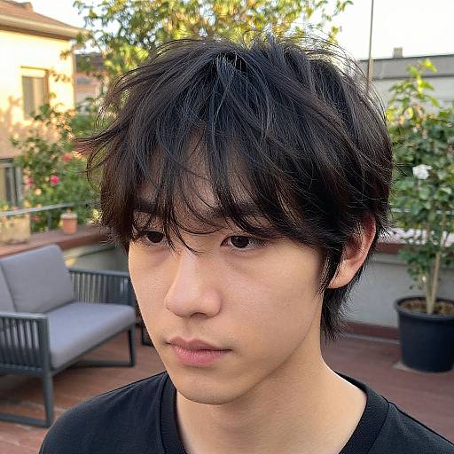 Photograph of an Asian man with messy black hair, wearing a black shirt, standing on a balcony with potted plants and cushioned chairs in the