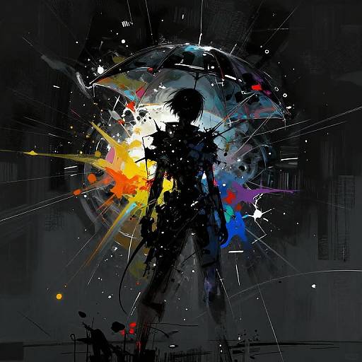 Abstract digital artwork of a black silhouetted figure with vibrant splashes of yellow, orange, blue, and red against a dark background.