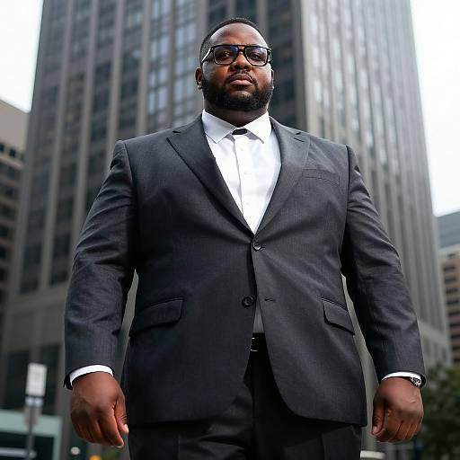 Photograph of a muscular, bald Black man with a beard, wearing black-rimmed glasses, a dark gray suit, white shirt, and black