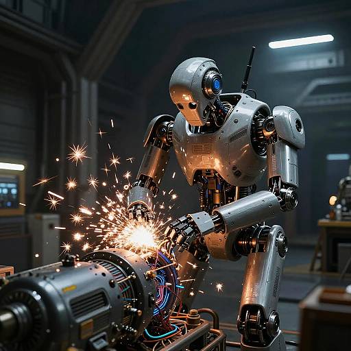 Photograph of a silver robot welding in a dimly lit industrial workshop, sparks flying from its tool, with blurred background machinery.