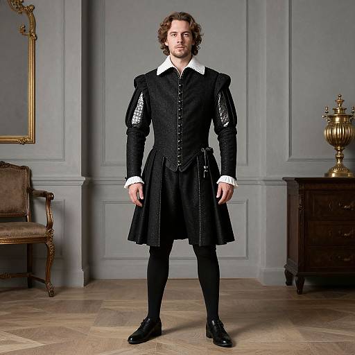 Photograph of a young man with curly brown hair, wearing a black Renaissance-style dress with white collar, standing in a elegant, grey-walled room