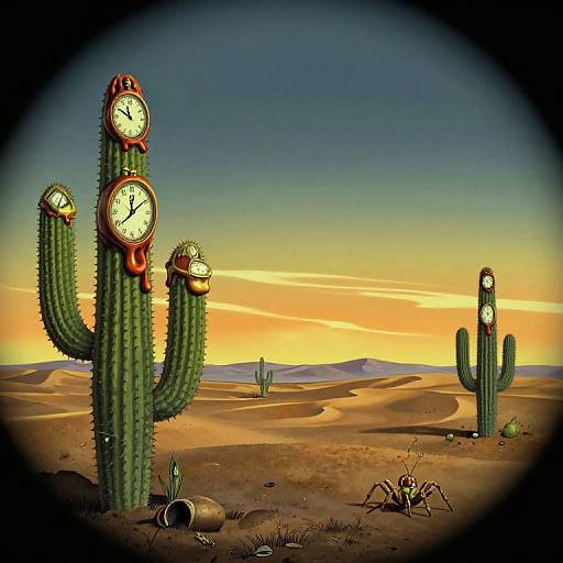 Digital illustration of a surreal desert scene with cacti having clock faces on their arms, under a sunset sky, surrounded by sand dunes and scattered