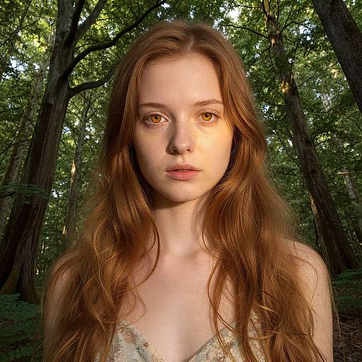 Photograph of a young woman with long, wavy auburn hair and amber eyes, standing in a sunlit forest, wearing a sleeveless