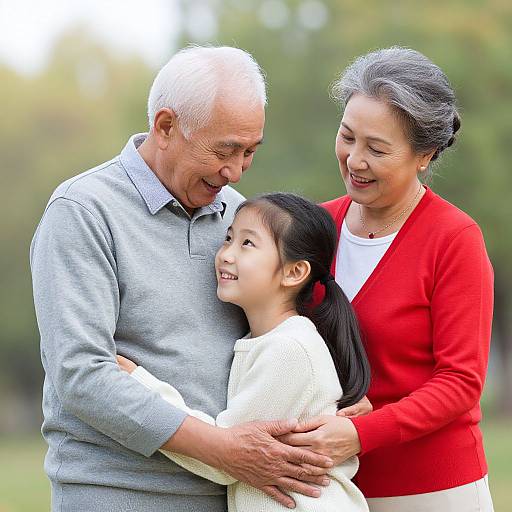 Photograph of an elderly Asian couple and their young granddaughter, smiling and hugging outdoors; grandfather in gray polo, mother in red cardigan, daughter
