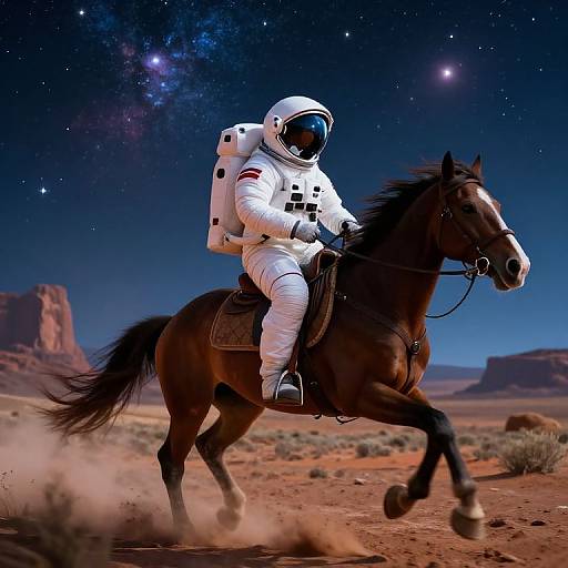 Photograph-like CGI of an astronaut in a white space suit riding a galloping brown horse under a starry night sky over a desert landscape.