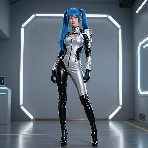 Futuristic Woman with Blue Hair in Latex Bodysuit