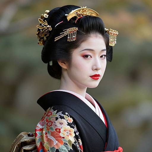 Photograph of an elegant Japanese woman with pale skin, black hair in an ornate kimono adorned with floral patterns, wearing a gold hairpiece,