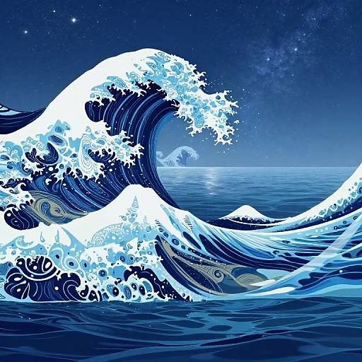 Digital artwork of a towering blue wave crashing against a starry night sky over a calm ocean, with swirling white foam.