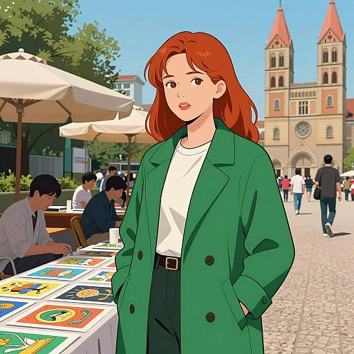Red-haired Woman in Green Coat at Outdoor Market