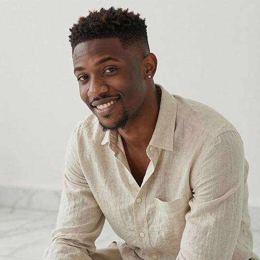 Photograph of a smiling, dark-skinned, African-American man with short, curly hair, wearing a light beige, button-up shirt, against a