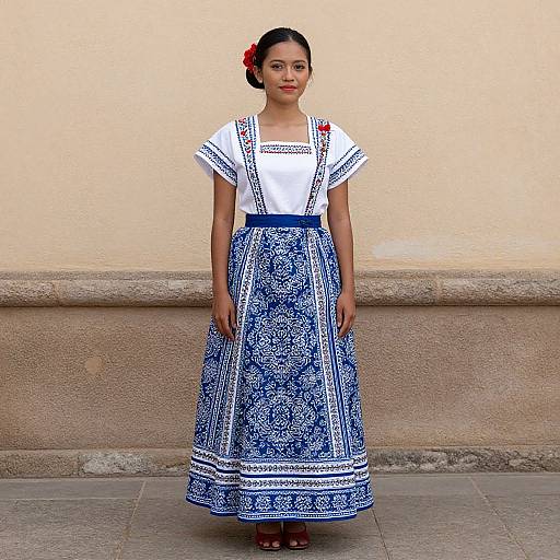 Photograph of a young woman with dark hair, wearing a white blouse, blue and white embroidered skirt, and red flower hairpin, standing against a
