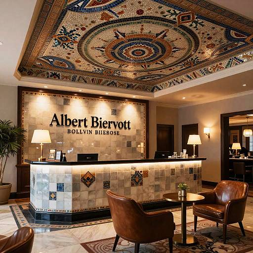Photograph of a luxurious lobby with a mosaic-ceiling, Albert Biervolt Bolivian Restaurant sign, marble counter, brown leather chairs, and