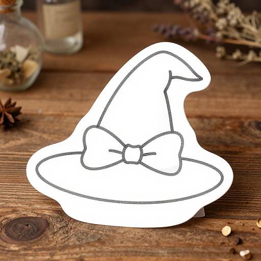 Whimsical white outline of a witch hat with a bow, placed on a rustic wooden table with dried herbs and spices in the background.