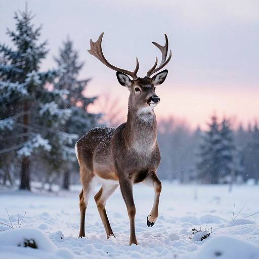 Photograph of a majestic deer with large antlers standing in snowy forest, snowflakes falling, trees blurred in background at sunset.