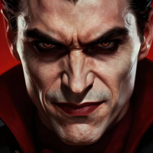 Close-up photograph of Heath Ledger as the Joker, with intense, shadowed eyes, white face paint, dark makeup, and red lipstick, against a