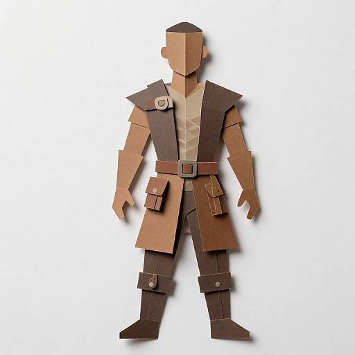 Photograph of a paper-craft, faceless humanoid figure in brown and beige geometric armor with a belt, shoulder pad, and pouches.