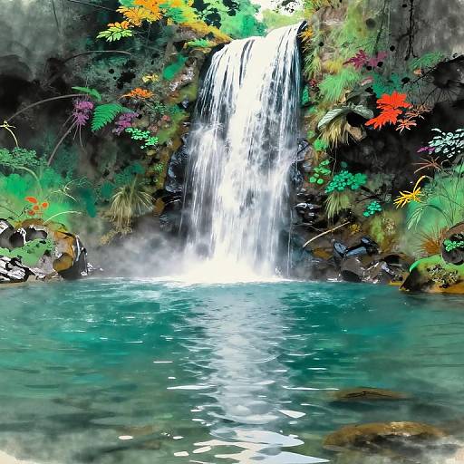 Vibrant digital painting of a waterfall cascading into a turquoise pool, surrounded by colorful, lush foliage and rocks.