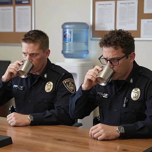Intense Police Officers Enjoying Coffee Break