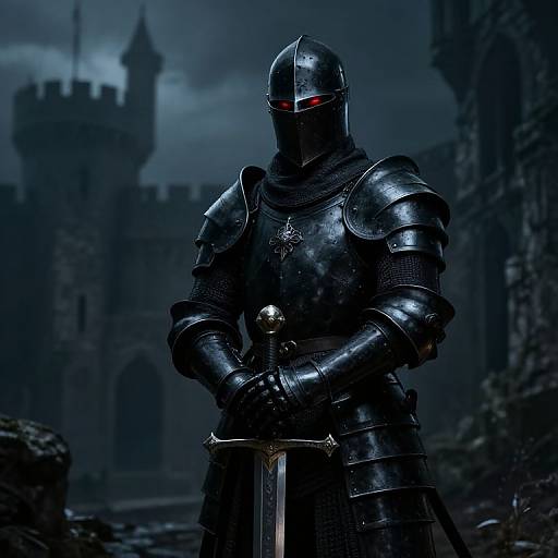 Photorealistic digital art of a dark, armored knight with glowing red eyes, holding a sword, in a stormy, medieval castle courtyard.