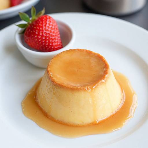 Photograph of a golden, caramelized, dome-shaped pudding with syrup, accompanied by a fresh strawberry in a white bowl on a white plate.