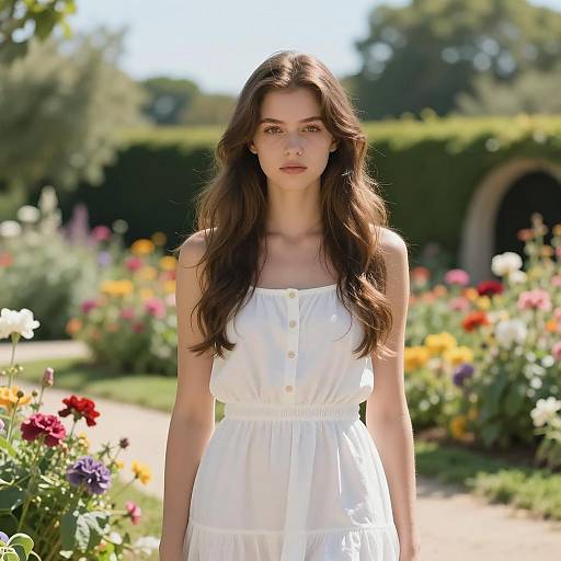 Young Woman in White Dress in Vibrant Garden
