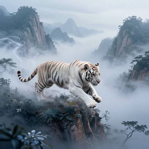 Surreal White Tiger in Misty Mountains