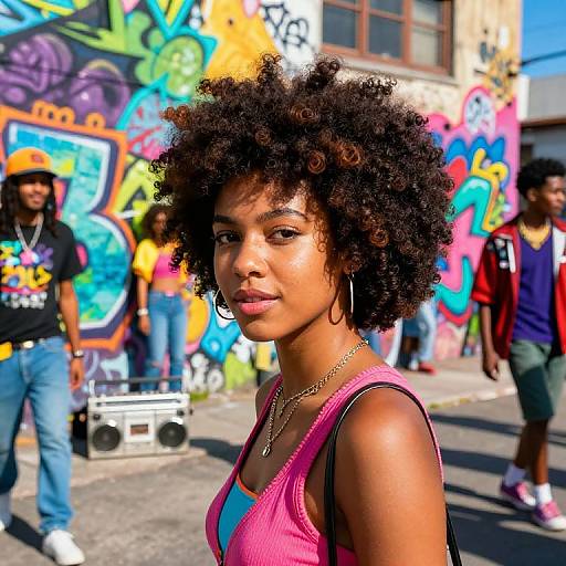 Photograph of a confident Black woman with natural curly hair, wearing a pink tank top, standing in front of vibrant graffiti street art, with other people